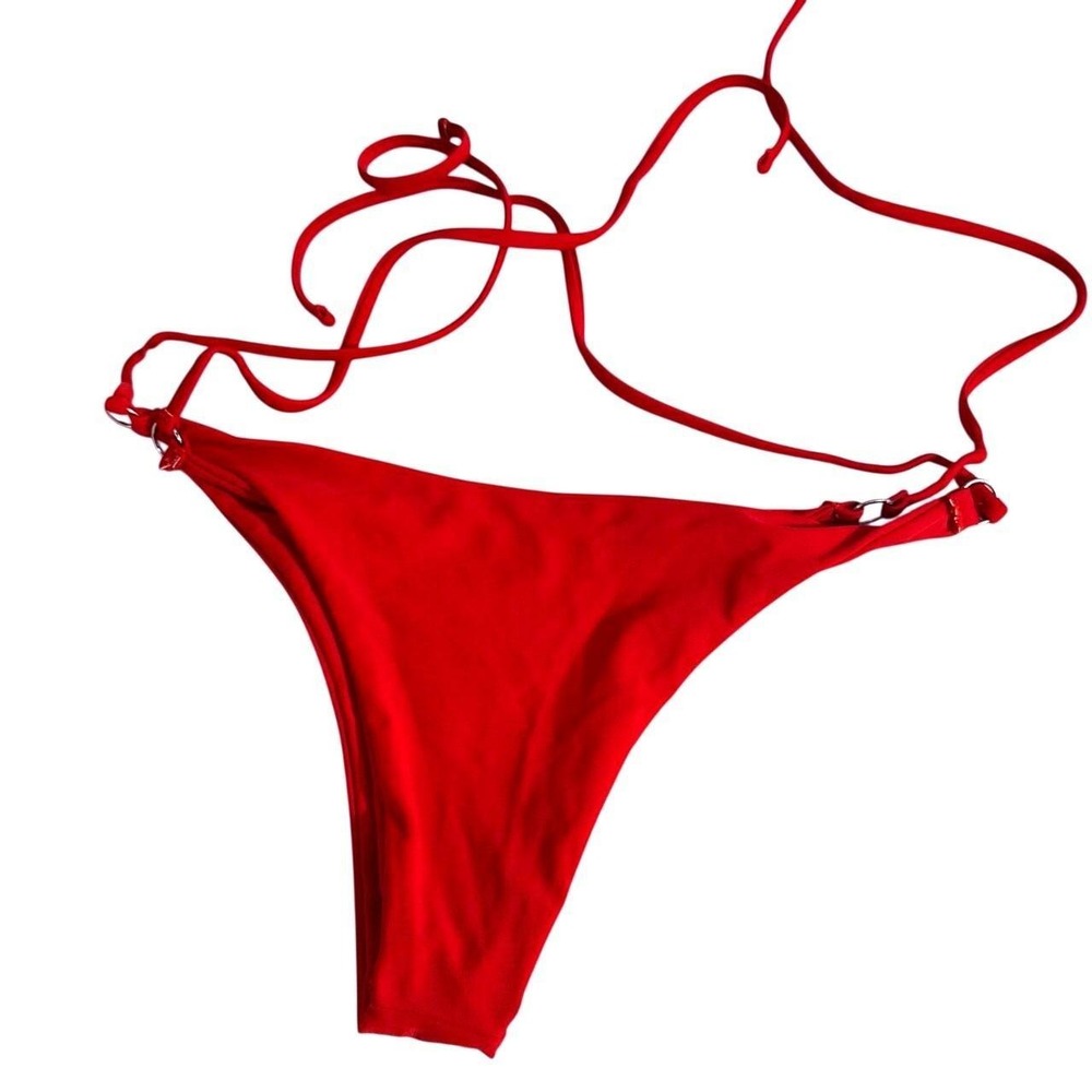 Zaful Red High Cut Tie Side Bikini Bottom O-Ring Detail US 4 Cheeky Swimwear